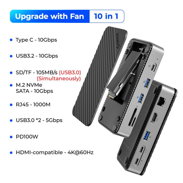 Док-станция Orico 10 в 1, M.2 SSD с радиатором, SD/TF (USB3.0), USB-A 3.0 (5 Гбит/с), USB-A 3.2 (10 Гбит/с), Type-C (10 Гбит/с), RJ45 ( 1000M), HDMI (4K при 64 Гц), PC Type-C (10 Гбит/с), PD100W Type-C.