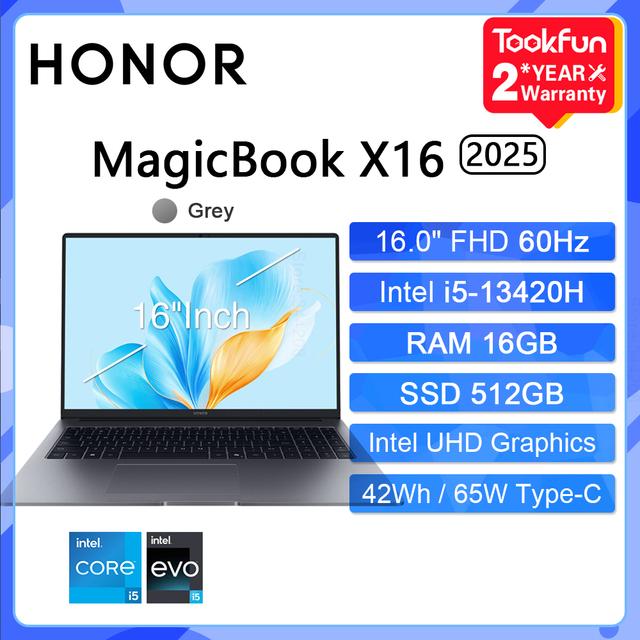 Ноутбук Honor Magicbook X16 2025, Full HD 60Hz, Intel i5 13420H, 16Гб RAM,512 ГБ SSD (+ пошлина ~2141₽)