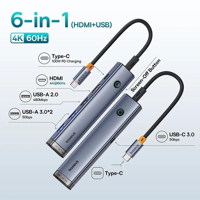 Док-станция (USB-хаб) Baseus 5-в-1 (HDMI 1x4K@60гц/3xUSB 3.0 type-a/1xUSB Type-C PD 100W IN) 