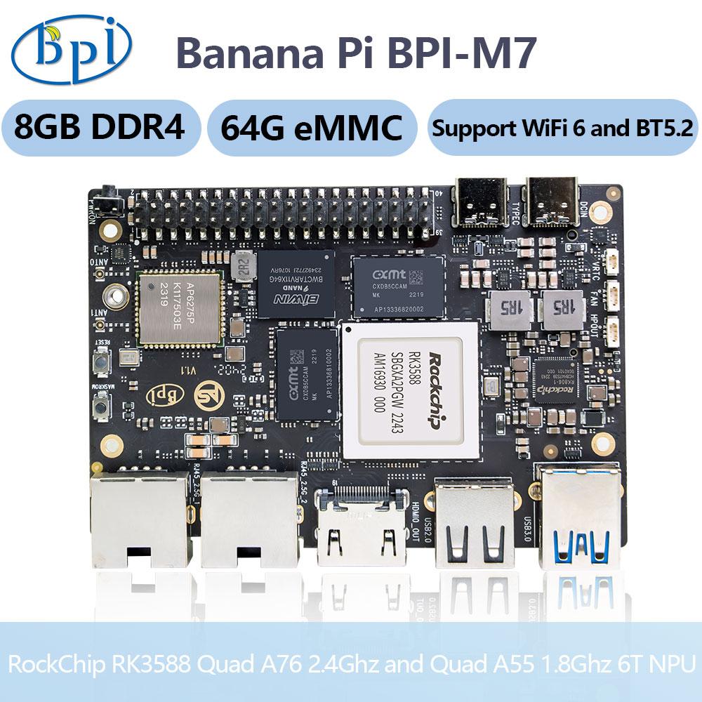 Одноплатный компьютер Banana Pi BPI-M7 (RK3588, 8 Гб ОЗУ, 64 Гб ПЗУ, ×2 2.5 Гбит/с Ethernet, Wi-Fi6, Bluetooth 5, HDMI, USB-A, USB-C, GPIO) 