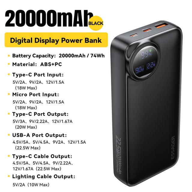 Внешний аккумулятор Essager 20000 мАч, 22,5 Вт